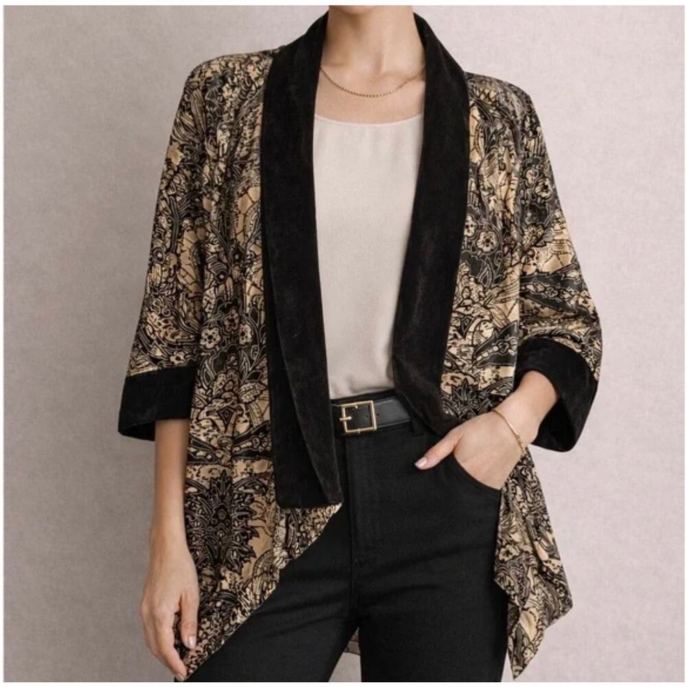Chico's Travelers 2 (L) Black‎ Gold Velvet Burnout Kimono Open Front Jacket Boho